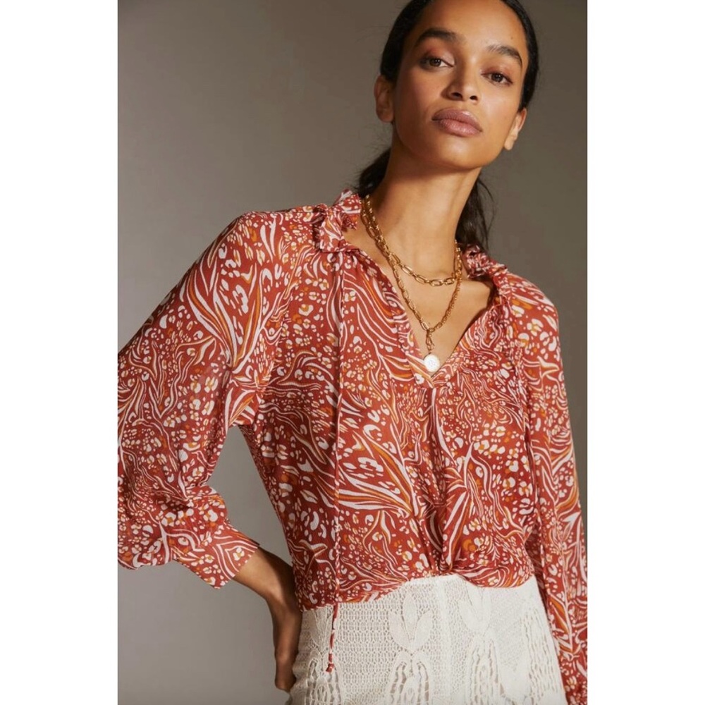 Anthropologie Sheer Printed Peasant Blouse in Orange & White Abstract Print